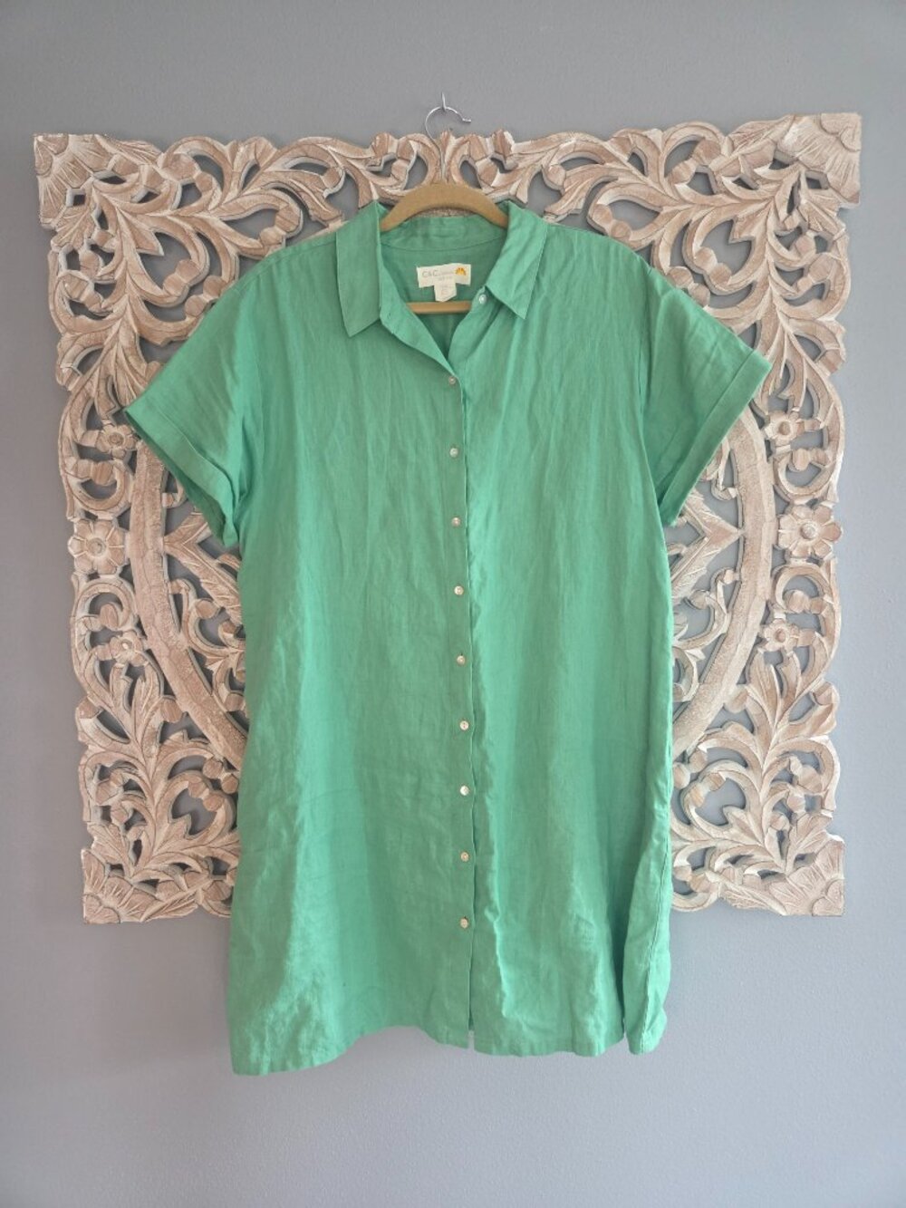 C&C California Women's XL‎ Basic Green Shirt Dress 100% Linen Beachy Minimalist